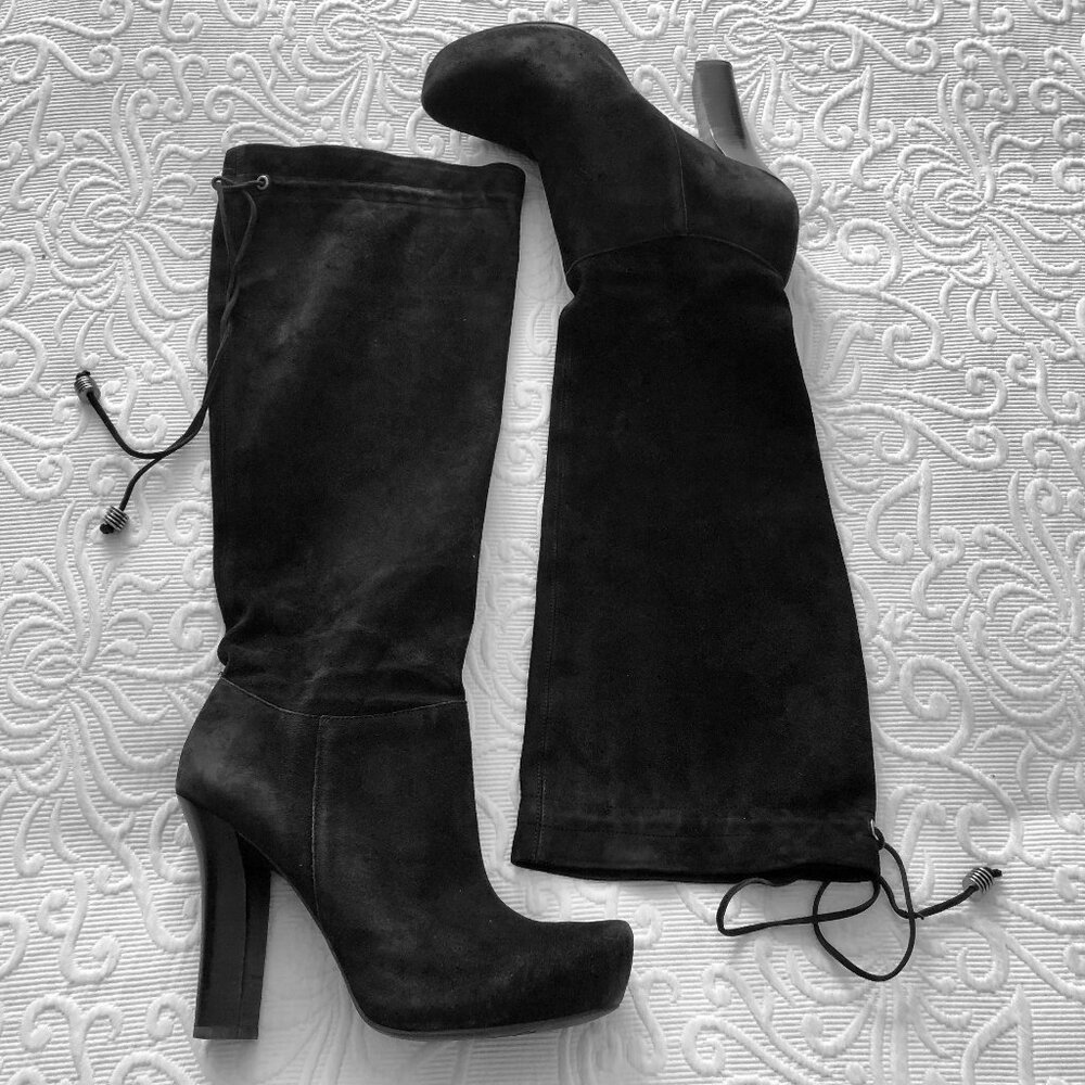 BCBGirls Belinda Black Suede Knee High Boots Heel 8.5 Lace Tie Gold Detail